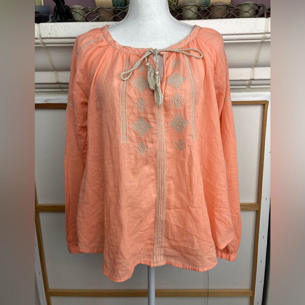 LOFT embroidered peach tie neck peasant blouse w/ tassels oversized